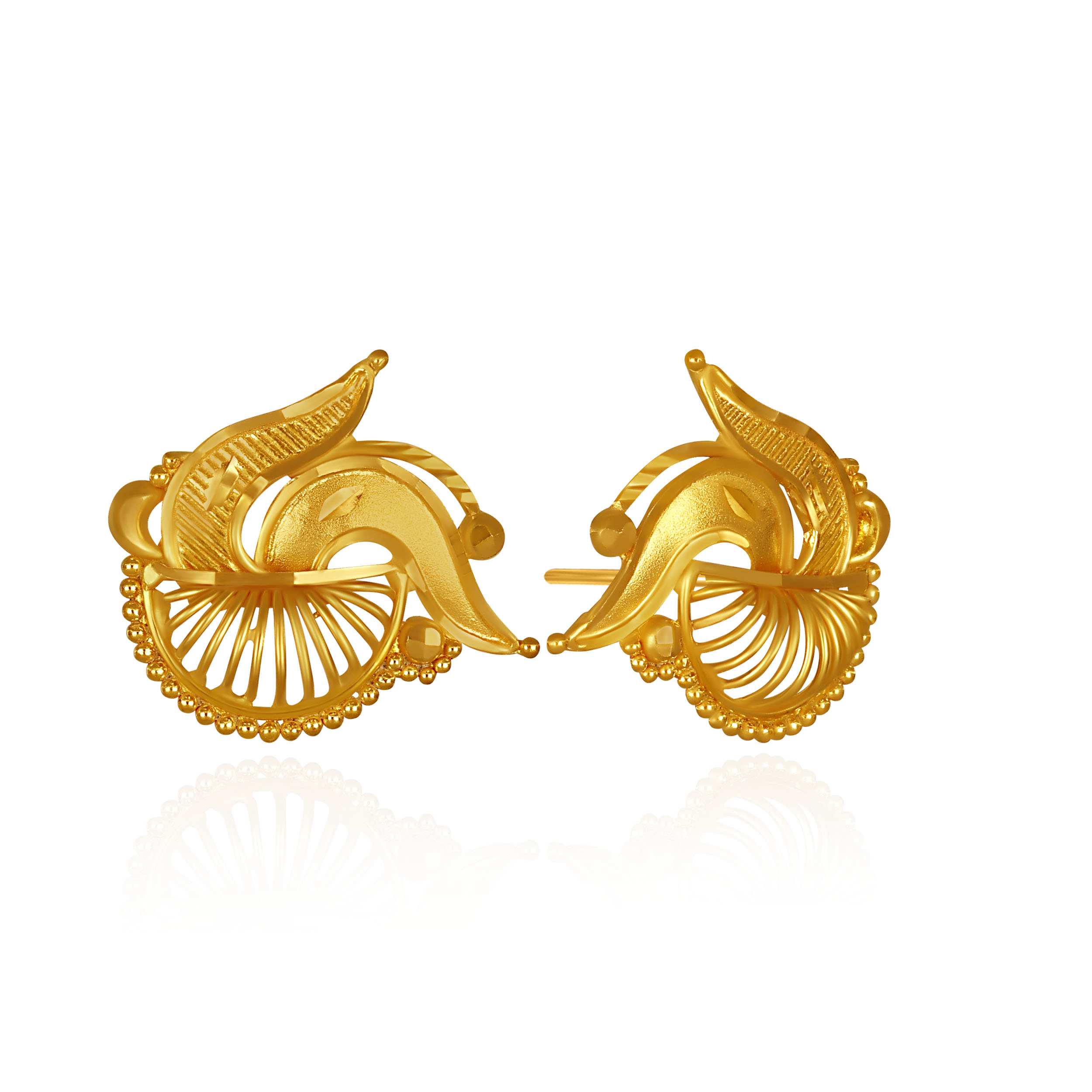 Artisanal Feather Motif Gold Studs - Senco Gold and Diamonds