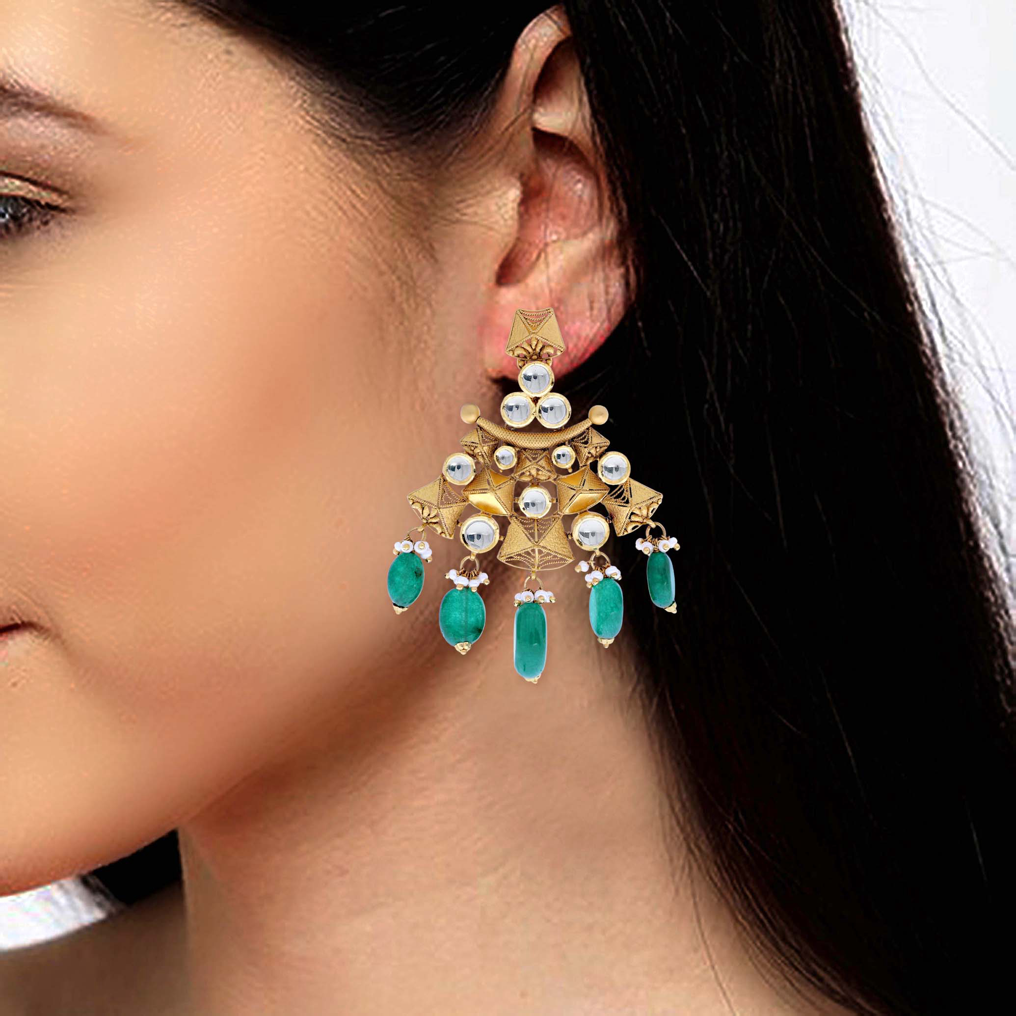 Alluring Antique Gold Kundan Danglers - Senco Gold and Diamonds