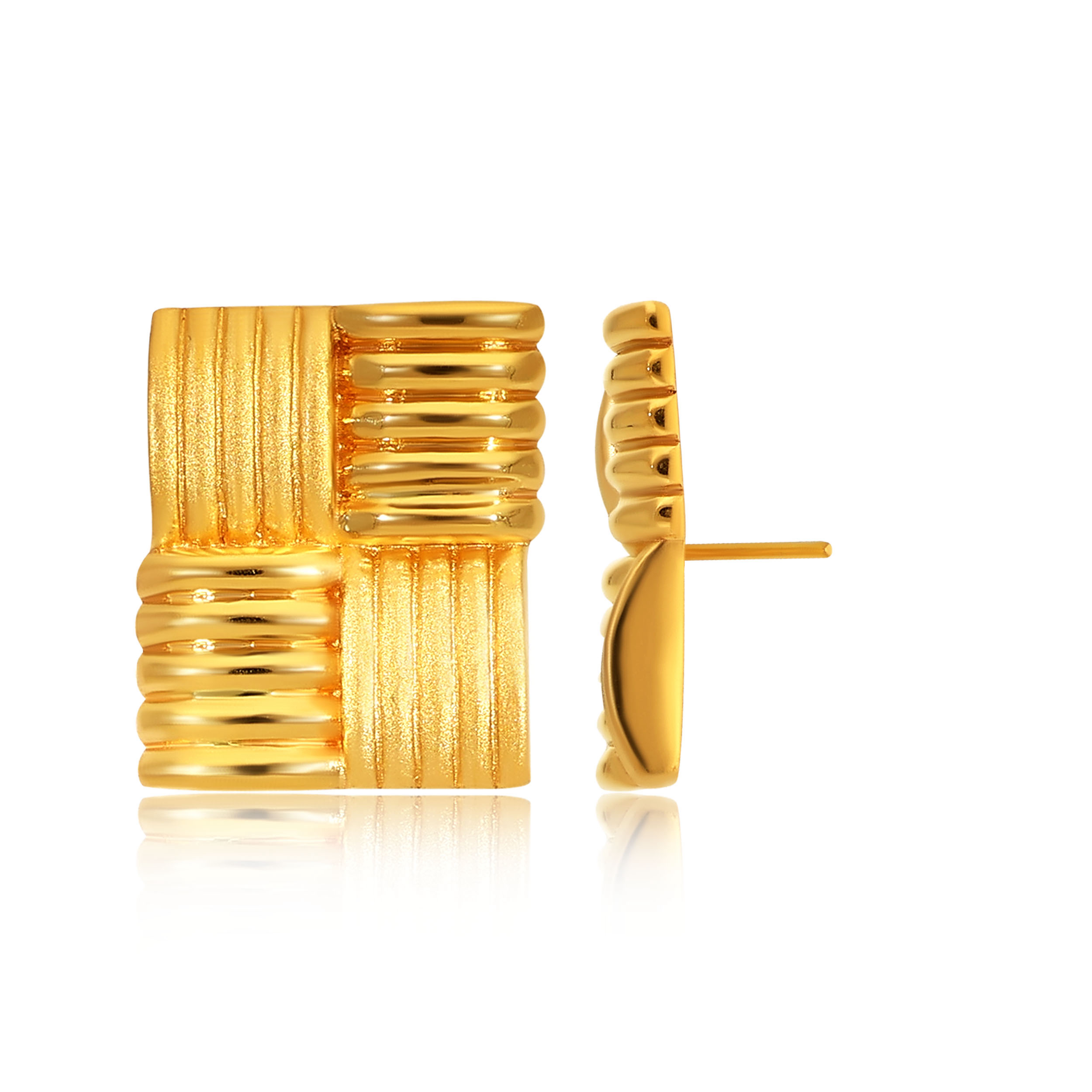 Ribbed Gold Square Studs - Senco Gold and Diamonds