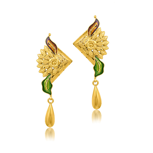 Wavy Petals Duo Gold Drop Earrings - Senco Gold and Diamonds