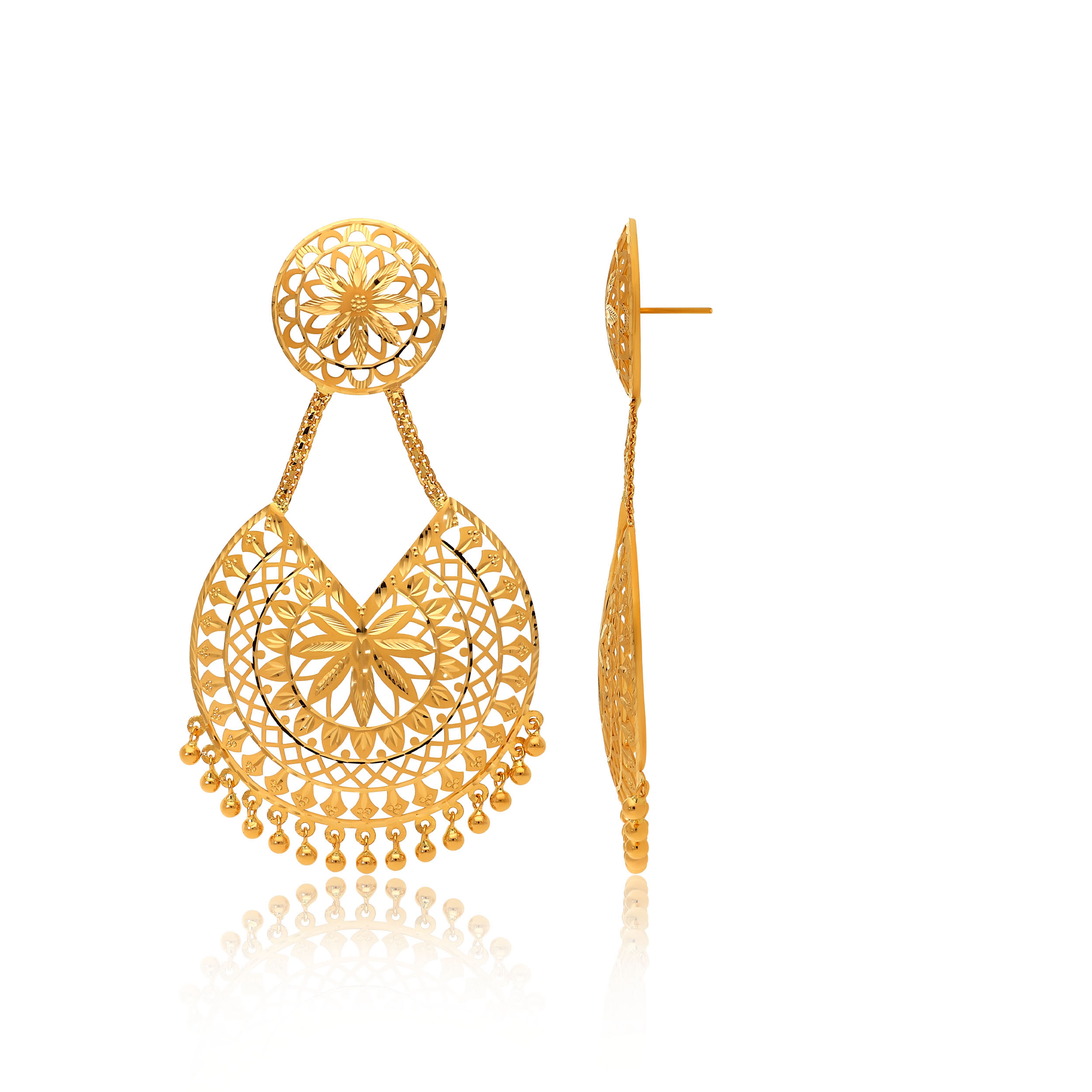 Opulent Floral Gold Chandbali Earrings - Senco Gold and Diamonds
