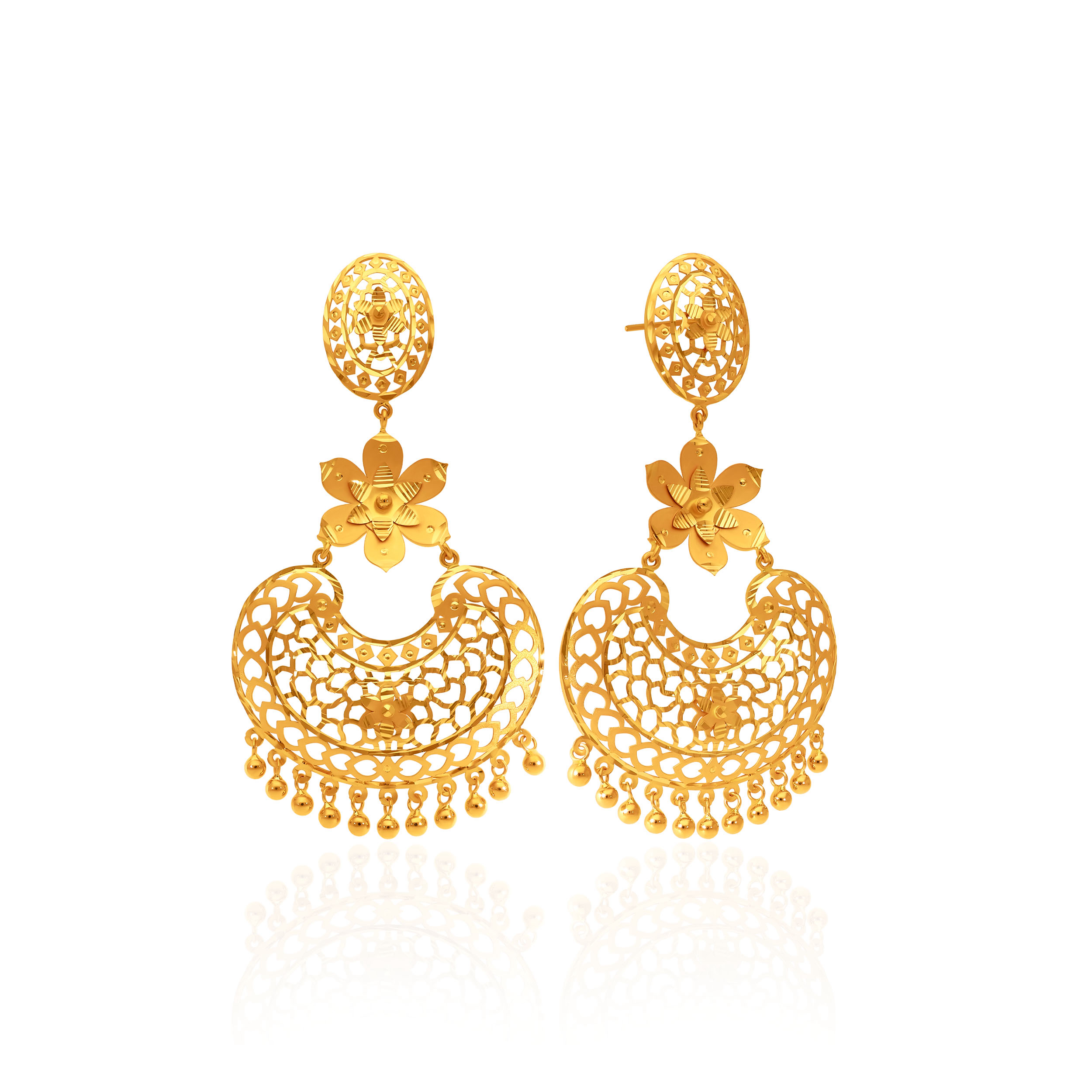 Ornate Filigree Gold Chand Bali Earrings - Senco Gold and Diamonds