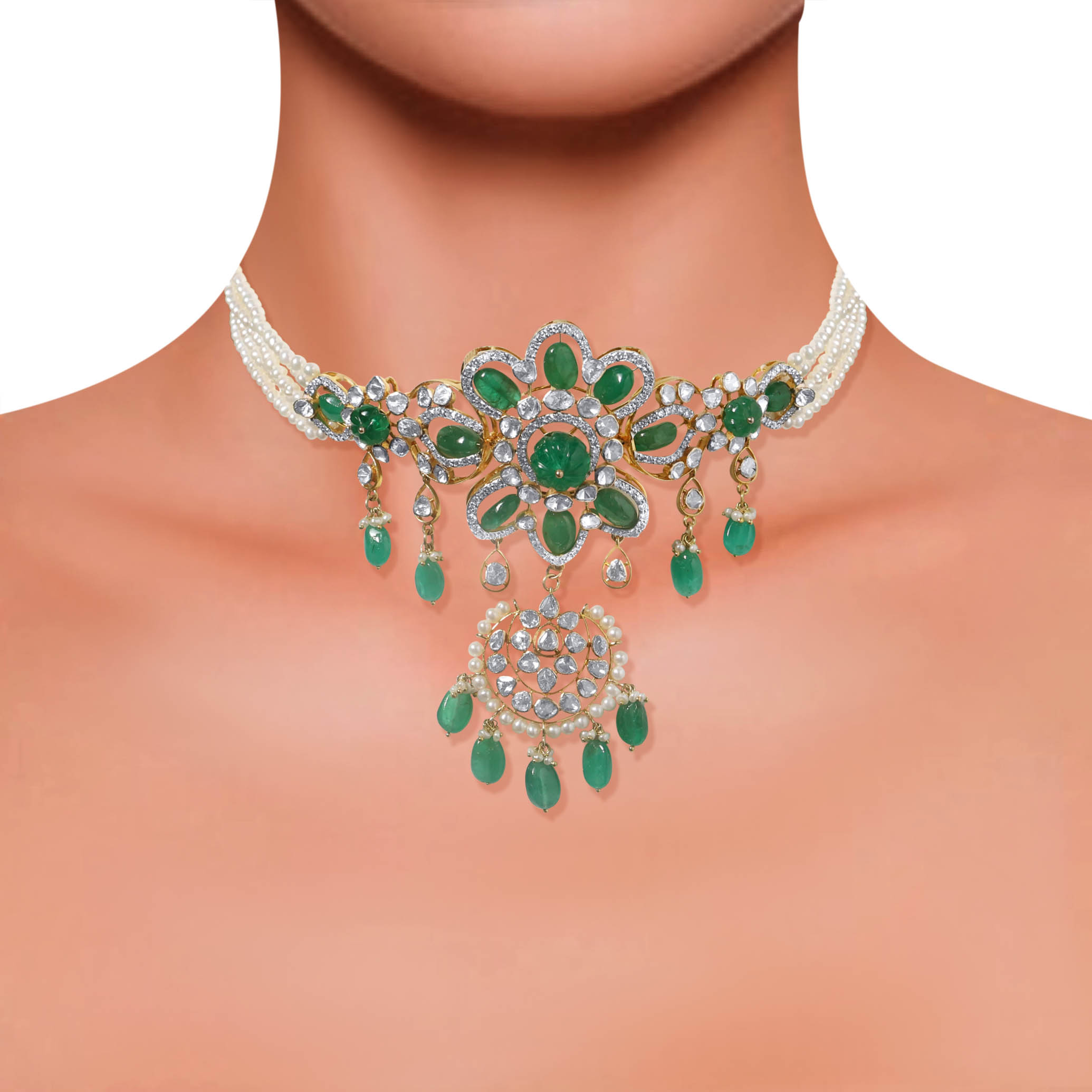 Blossomed Greenery Polki Choker Necklace - Senco Gold and Diamonds