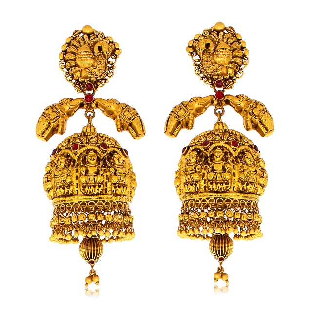 Traditional Glow Antique Gold Jhumka Earrings - Senco Gold and Diamonds
