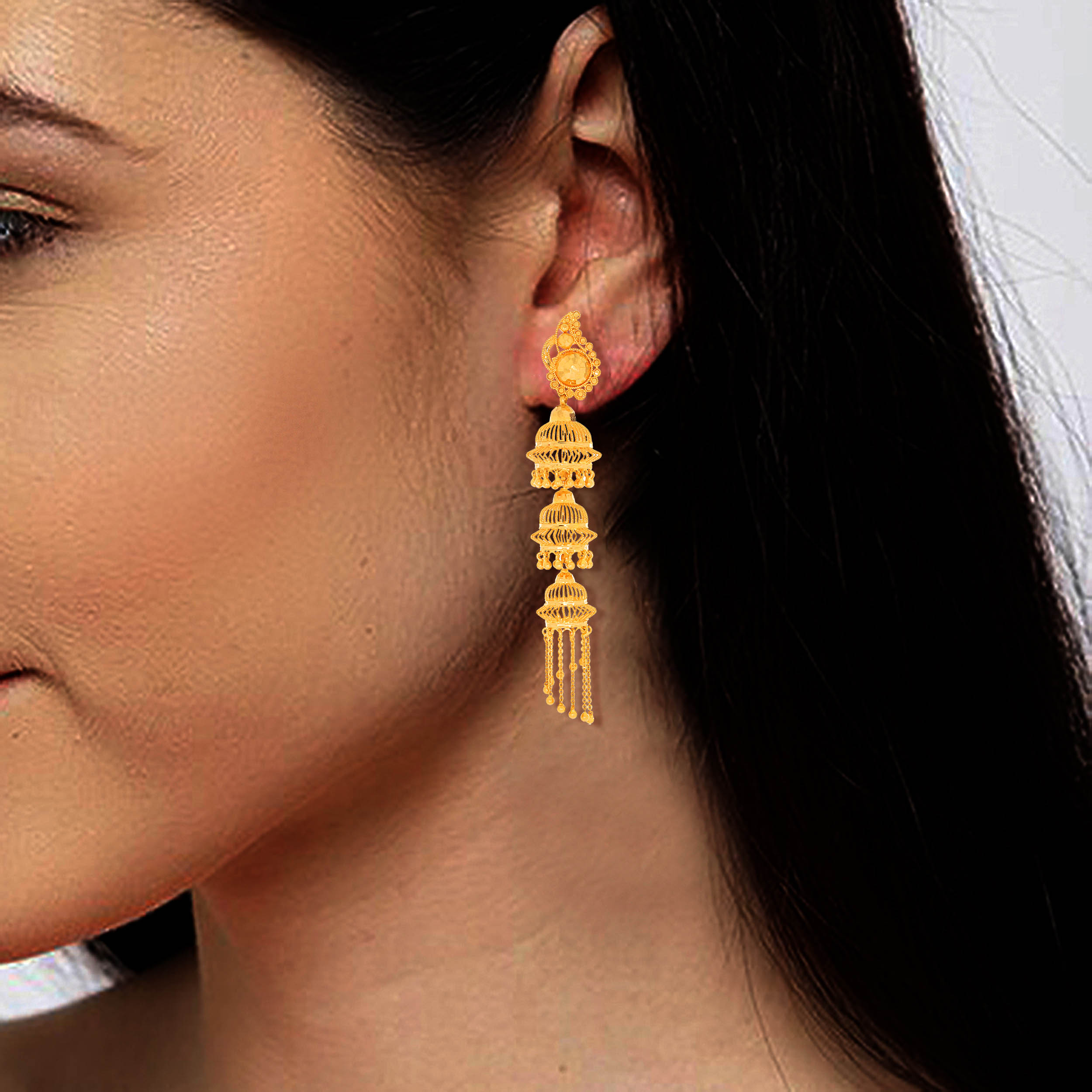 Trio Grace Gold Jhumka Earrings - Senco Gold and Diamonds