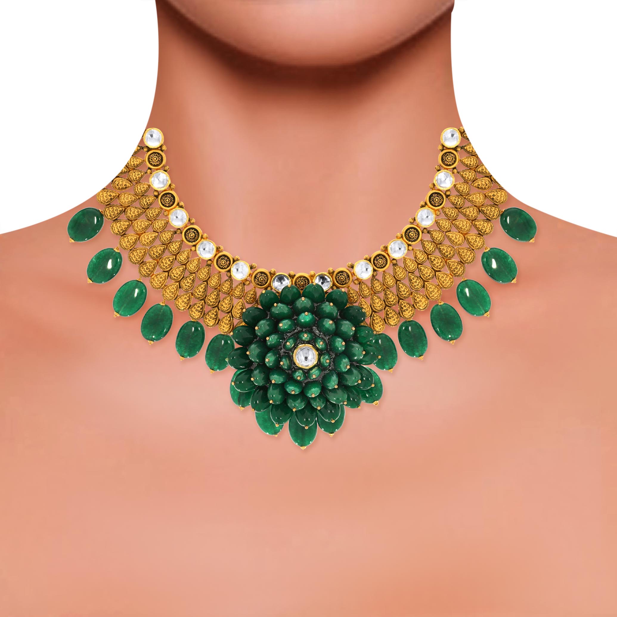 Vibrant Dahlia Antique Gold Kundan Necklace - Senco Gold and Diamonds