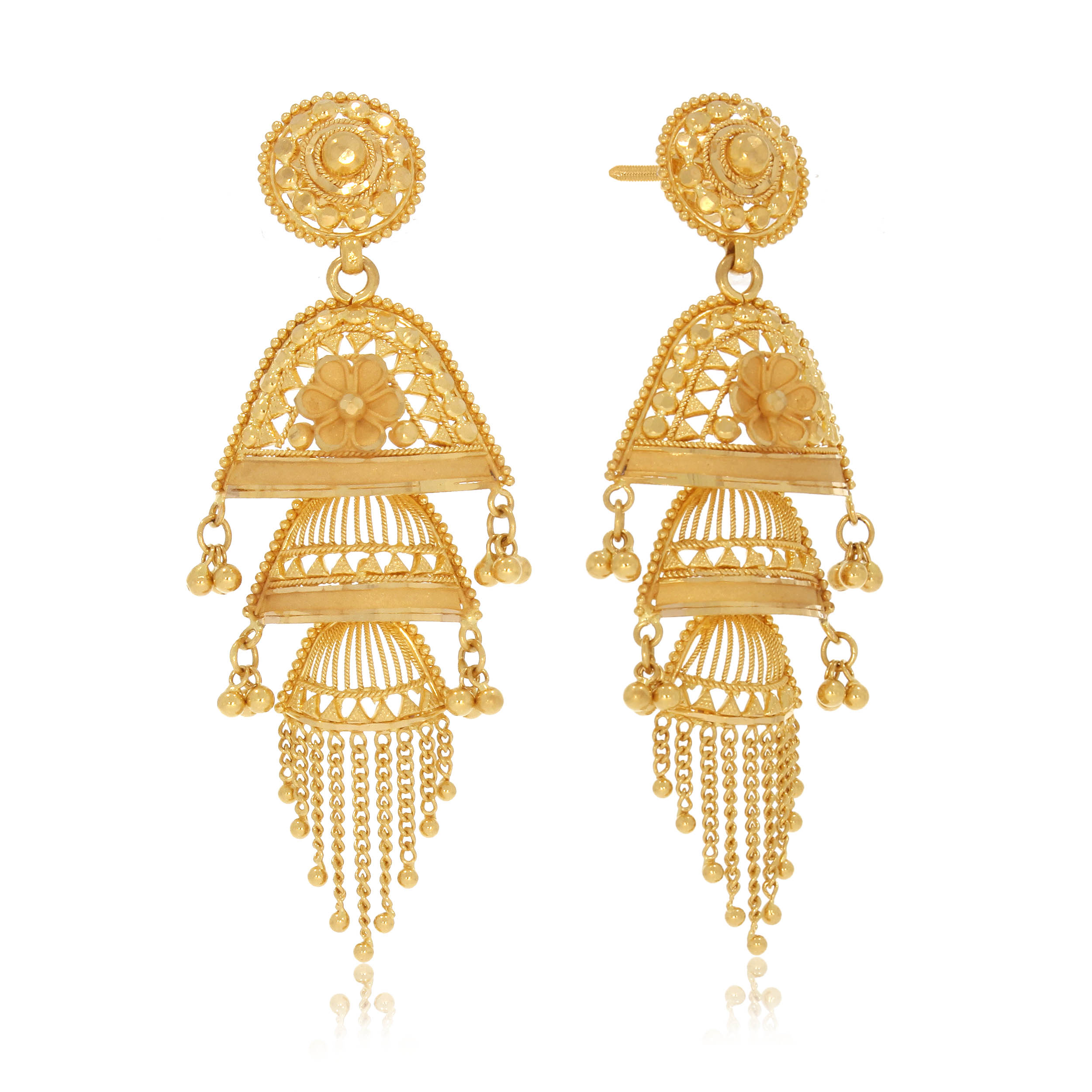 Cascading Art Gold Jhumka Earrings - Senco Gold and Diamonds