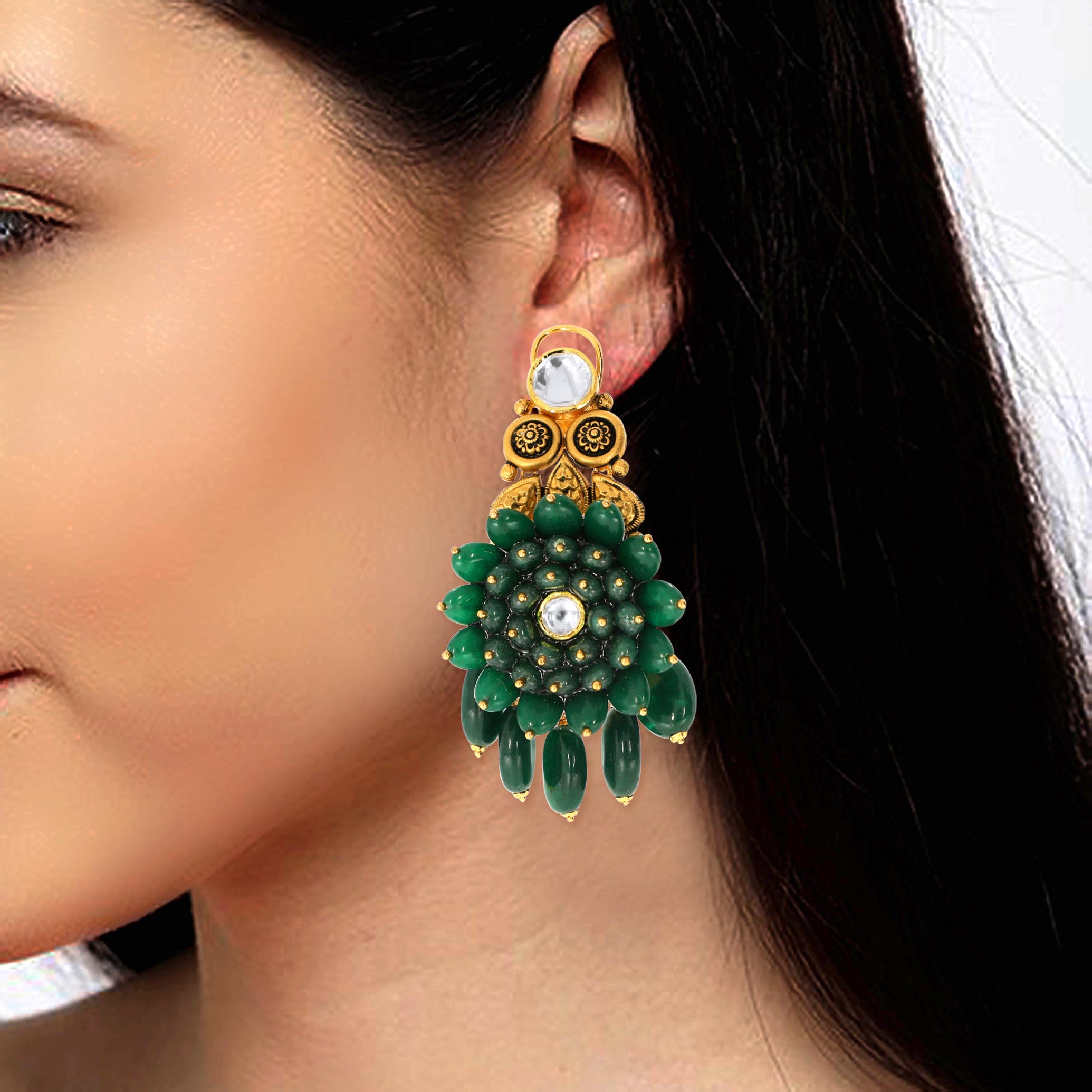 Verdant Bloom Antique Gold Kundan Danglers - Senco Gold and Diamonds