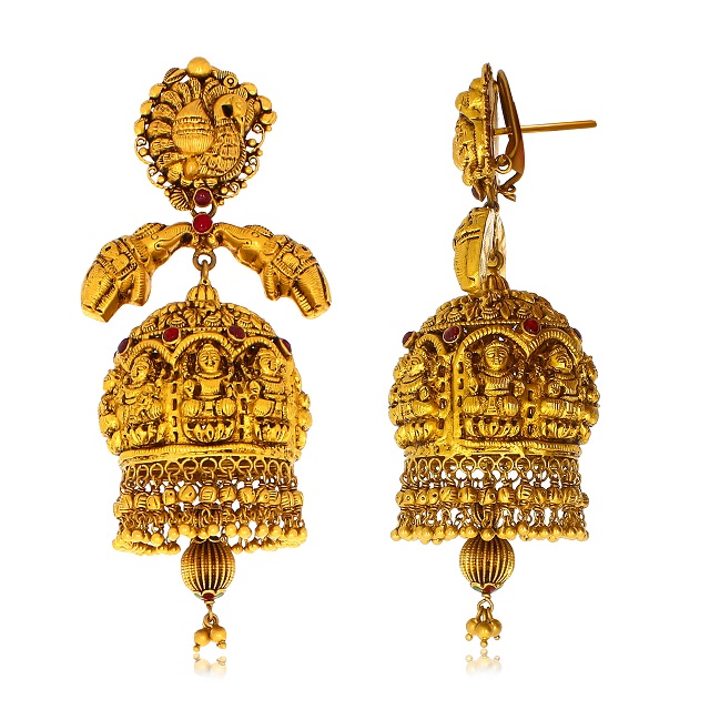 Traditional Glow Antique Gold Jhumka Earrings - Senco Gold and Diamonds