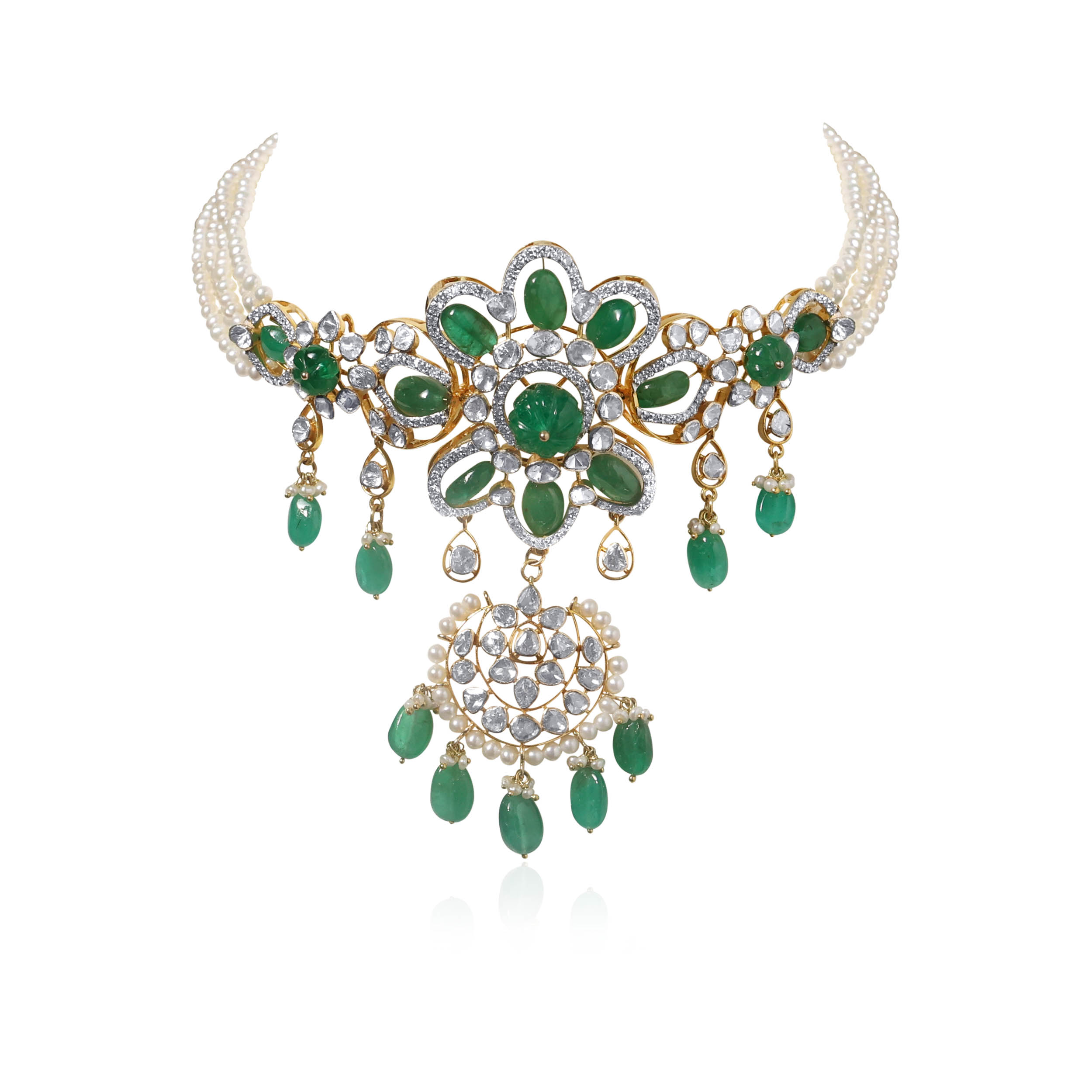 Blossomed Greenery Polki Choker Necklace - Senco Gold and Diamonds