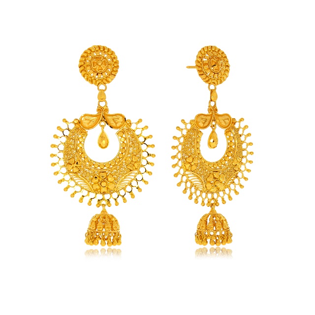 Artistic Surya Gold Chandbali Earrings - Senco Gold and Diamonds