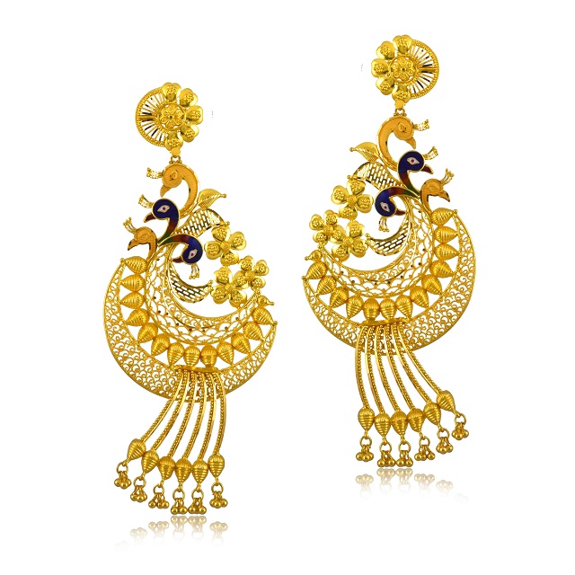 Soothing Peacock Gold Danglers - Senco Gold and Diamonds