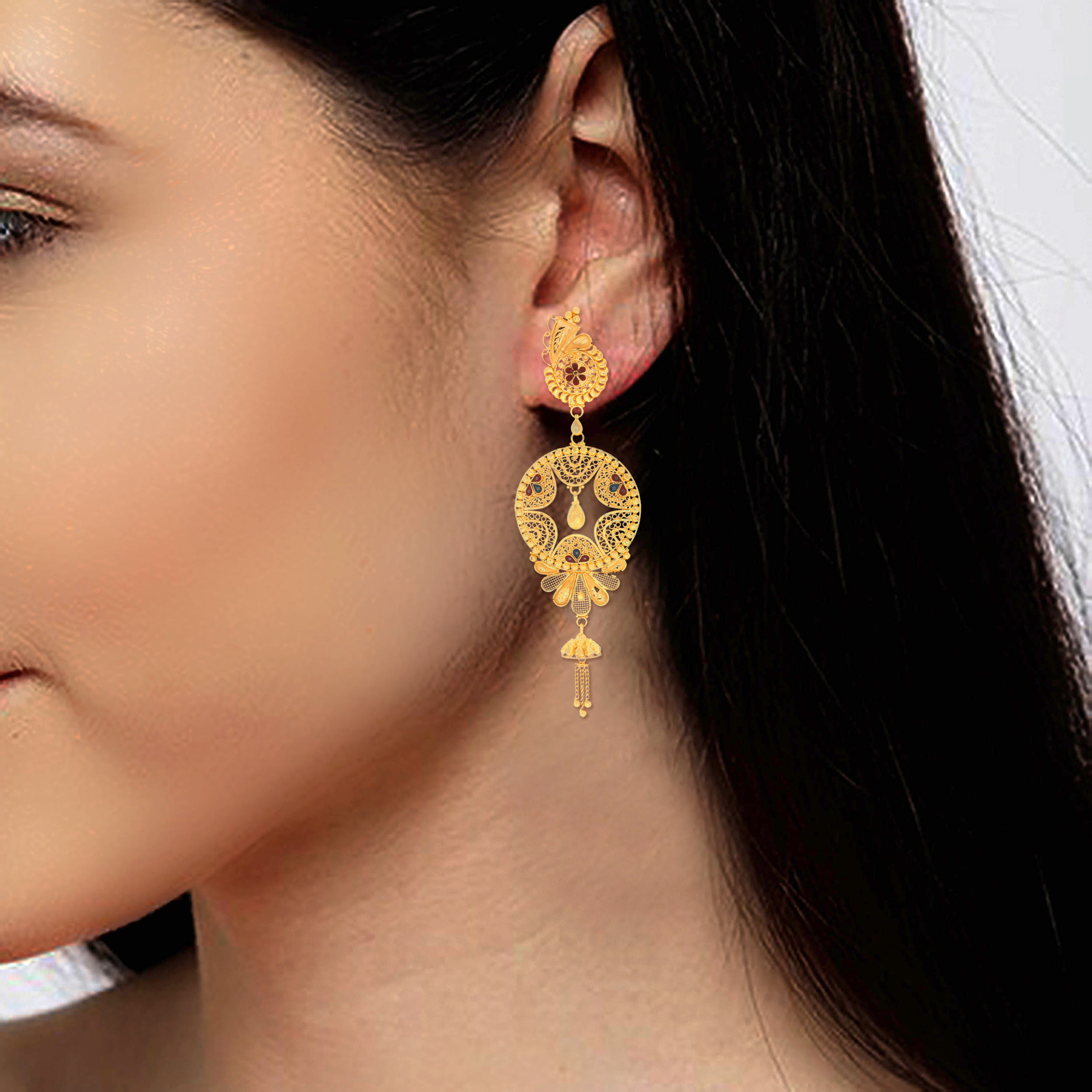 Delicate Meenakari Gold Chandbali Earrings - Senco Gold and Diamonds