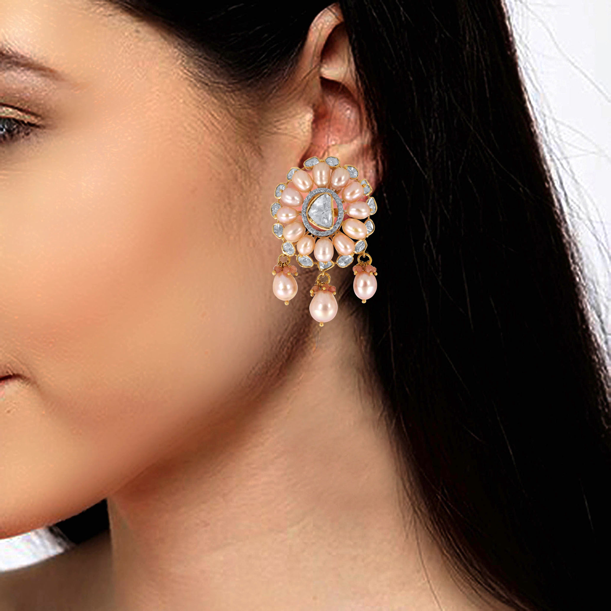 Majestic Bloom Polki Diamond Studs - Senco Gold and Diamonds