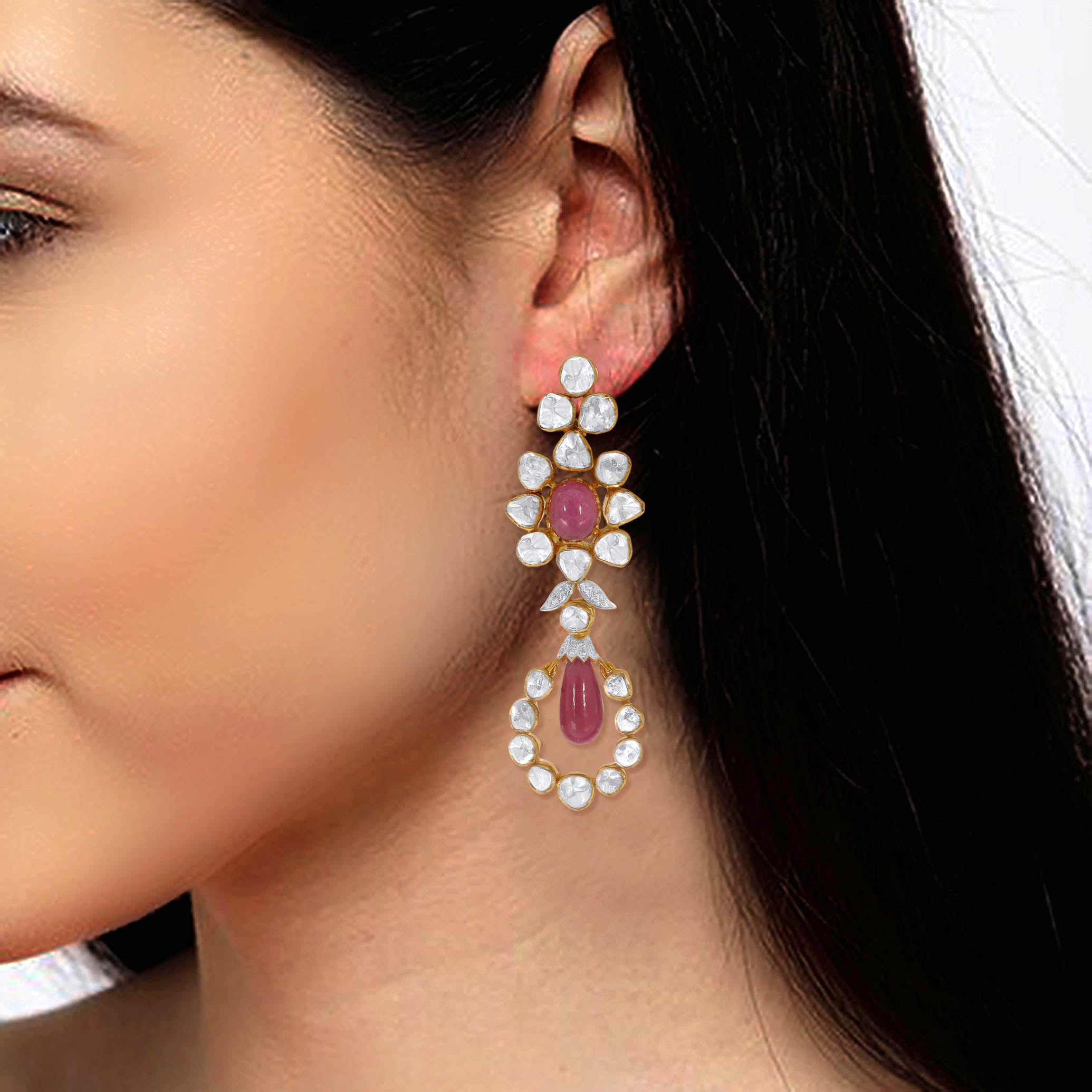 Vibrant Bloom Polki Diamond Danglers - Senco Gold and Diamonds