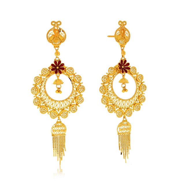 Ravishing Flower Gold Chandbali Earrings - Senco Gold and Diamonds