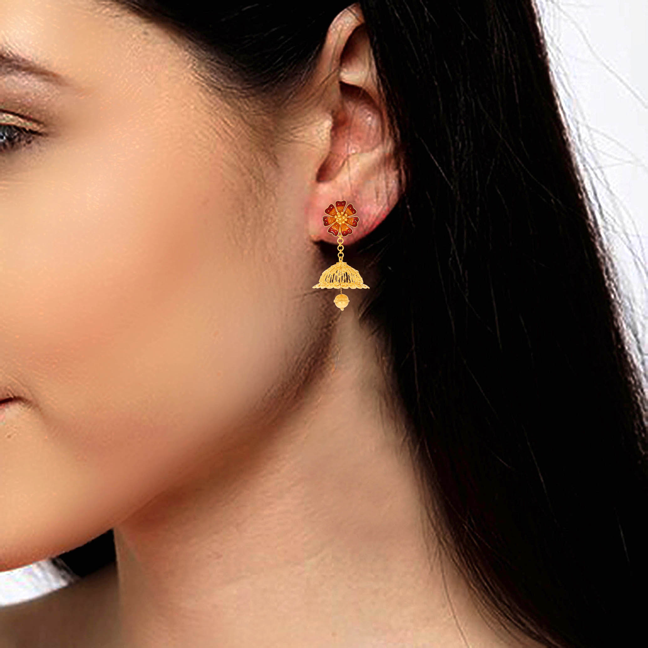Ethnic Bloom Gold Jhumka Earrings - Senco Gold and Diamonds
