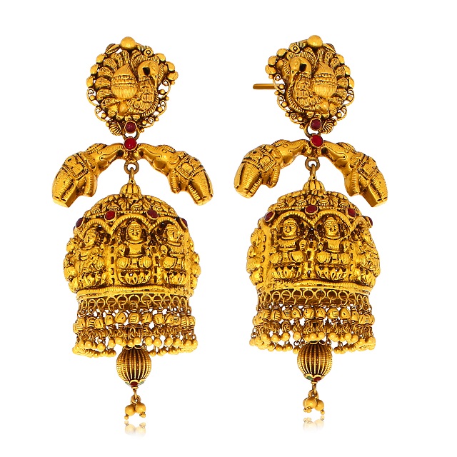 Traditional Glow Antique Gold Jhumka Earrings - Senco Gold and Diamonds