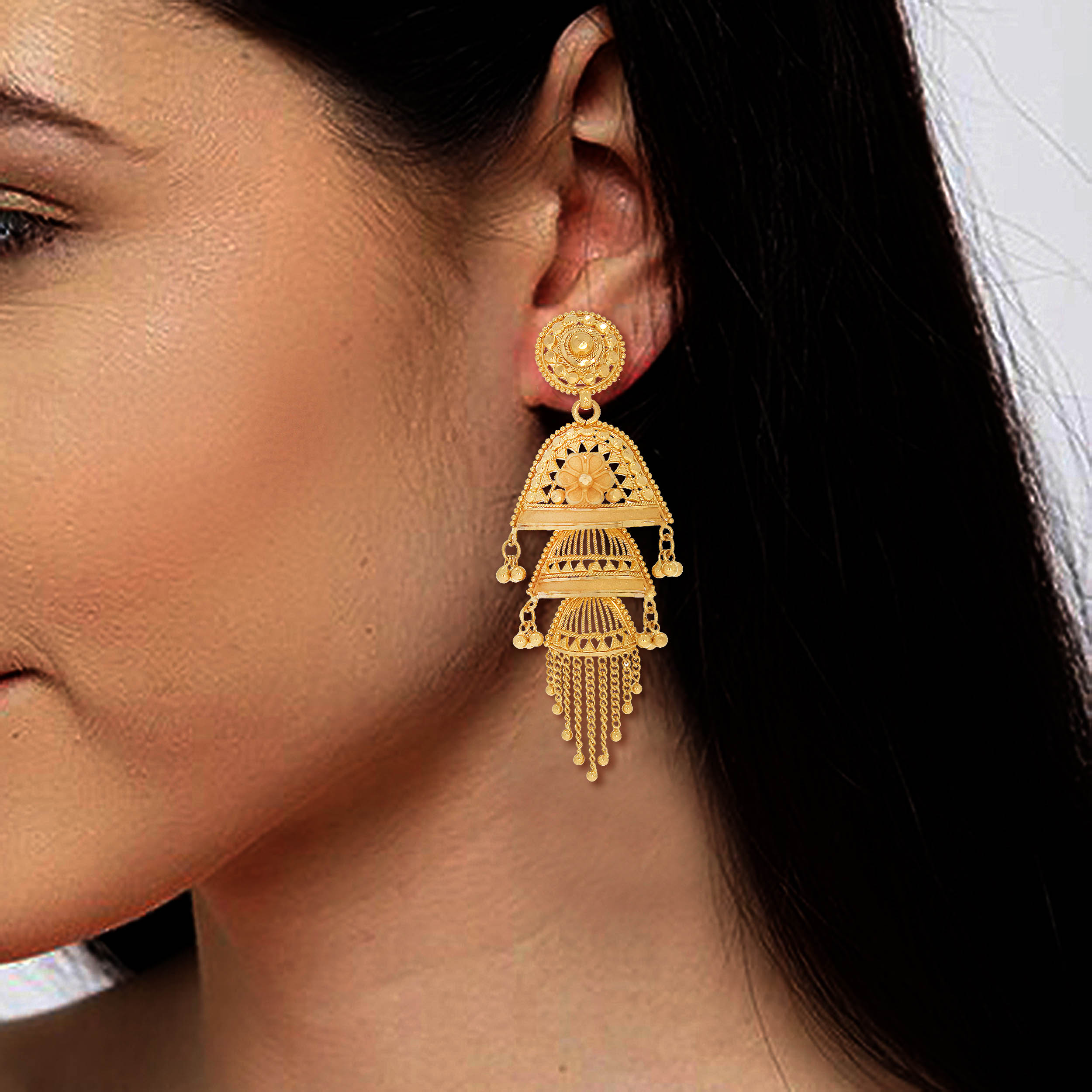 Cascading Art Gold Jhumka Earrings - Senco Gold and Diamonds
